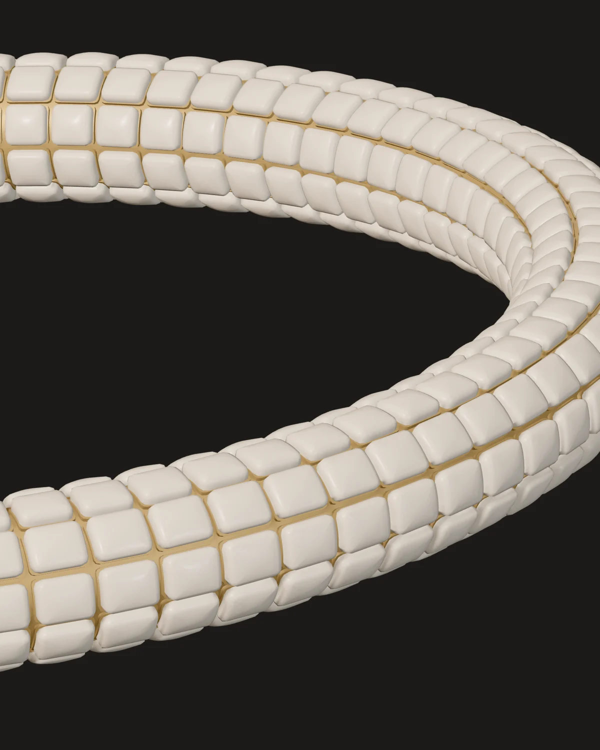Close up of the halo: domed porcelain tiles joined by flat gold seams
