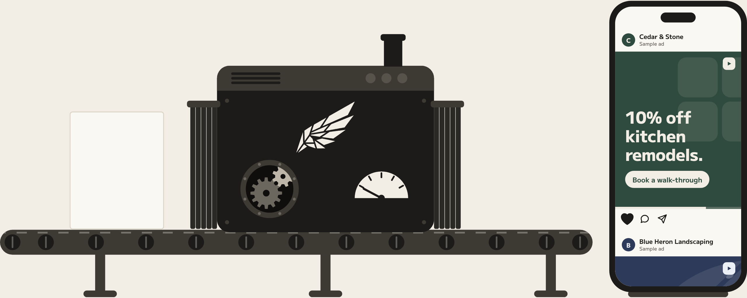 A pencil sketch of an ad rides a conveyor belt into a small machine with the Tenshi wing on it, and the finished ad comes out and lands in a phone's feed